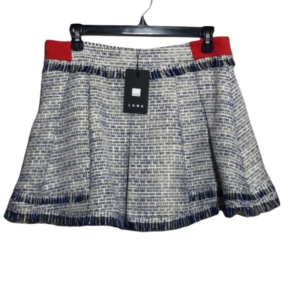 Luna Pleated Skirt, Frayed edge, Blue & White